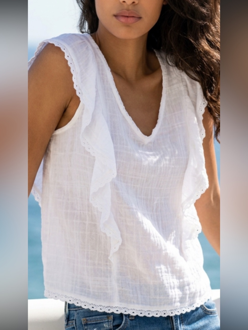 Michael Stars | Michael Stars White Sleeveless Double Gauze Flounce top NWOT L